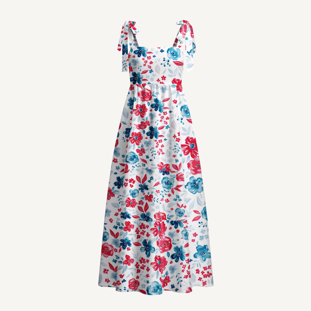 Patriotic Floral American Flag Print Bow Strap Maxi Dress