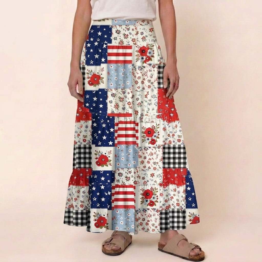 Flower Americana Patchwork Print Convertible Maxi Skirt & Strapless Dress