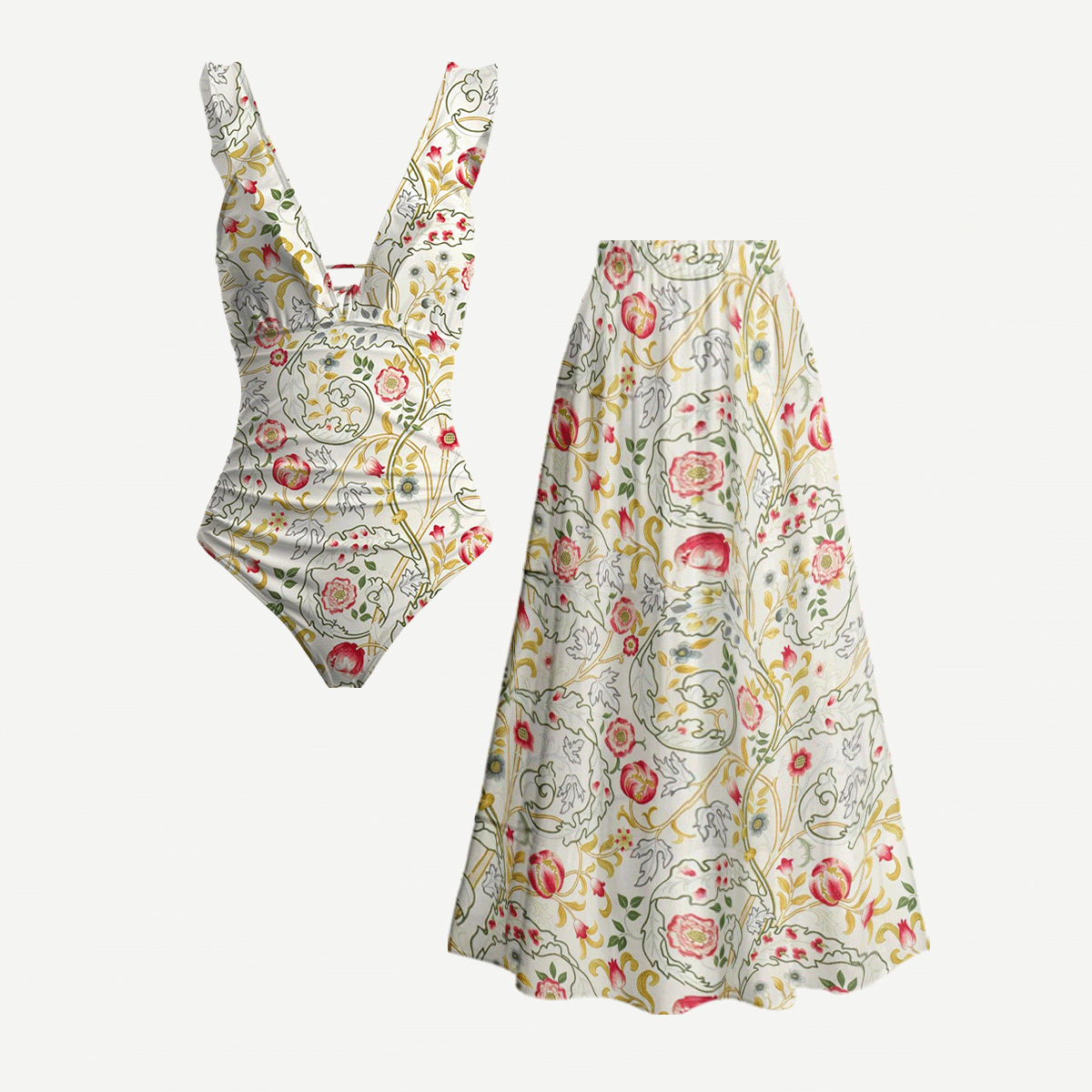 Peony Vine Garden Ruffled V Neck One Piece Swimsuit and Matching Midi Skirt Set
